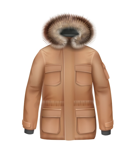 Free vector vector brown sport winter coat with fur hood front view isolated on white background