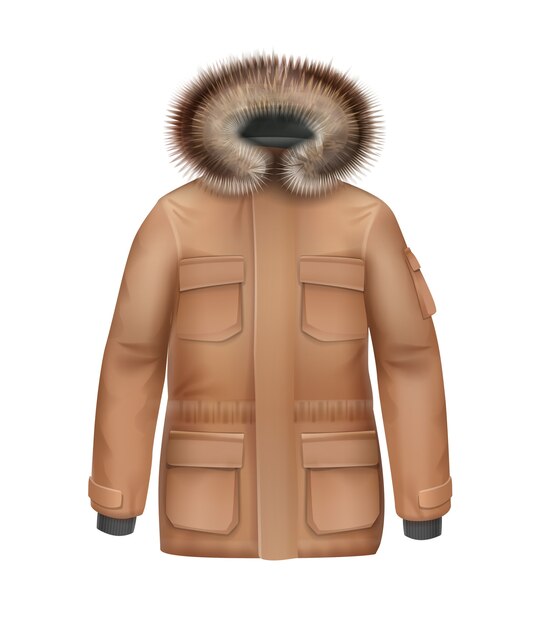 Vector brown sport winter coat with fur hood front view isolated on white background