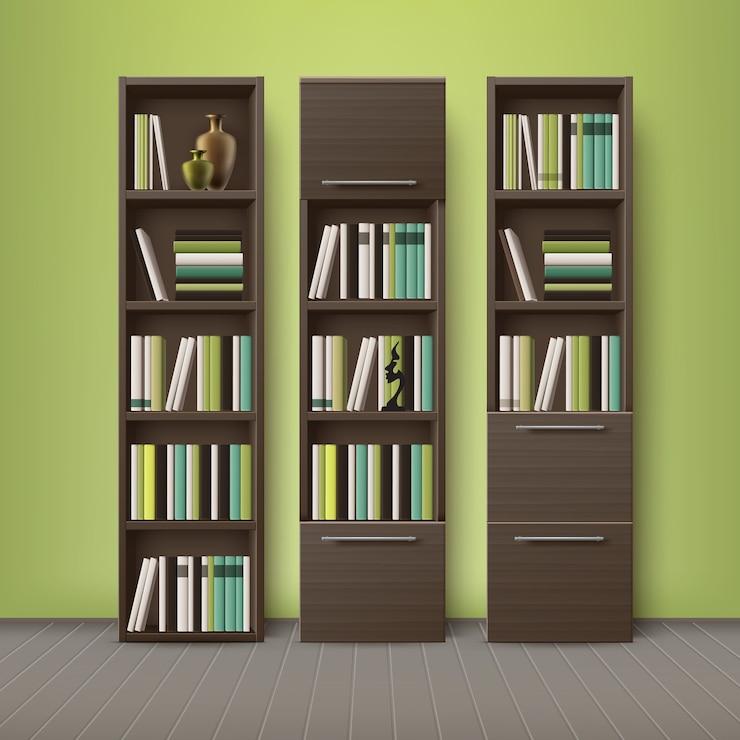 Free Vector vector brown wooden bookcases, full of different books and decorations, standing on floor with green, olive wall background