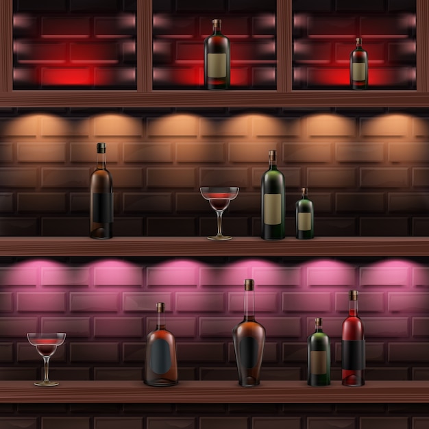 Vector brown wooden shelves with red, orange, pink backlights and glass bottles of alcohol isolated on dark brick wall