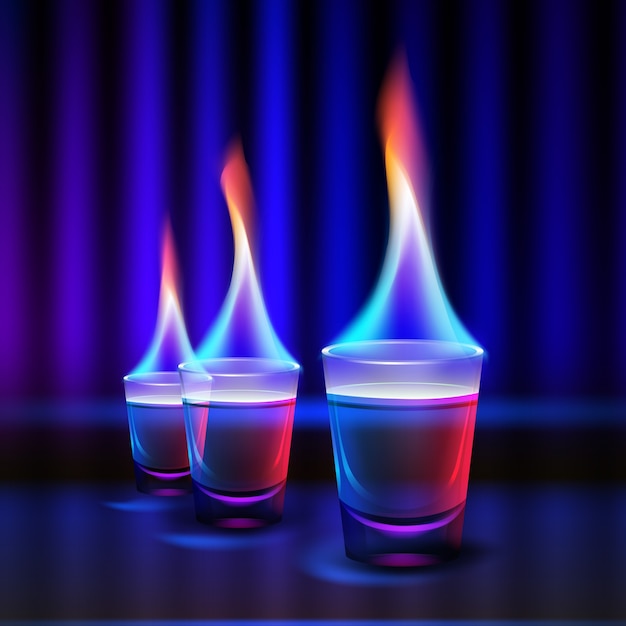 Vector scatti di cocktail ardenti con fuoco colorato e retroilluminazione blu, rossa isolata su sfocatura sfondo scuro illuminato