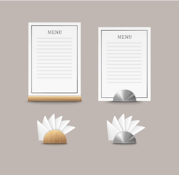 Free vector vector cafe menu cards and napkins with wooden and metal holders front view isolated on background