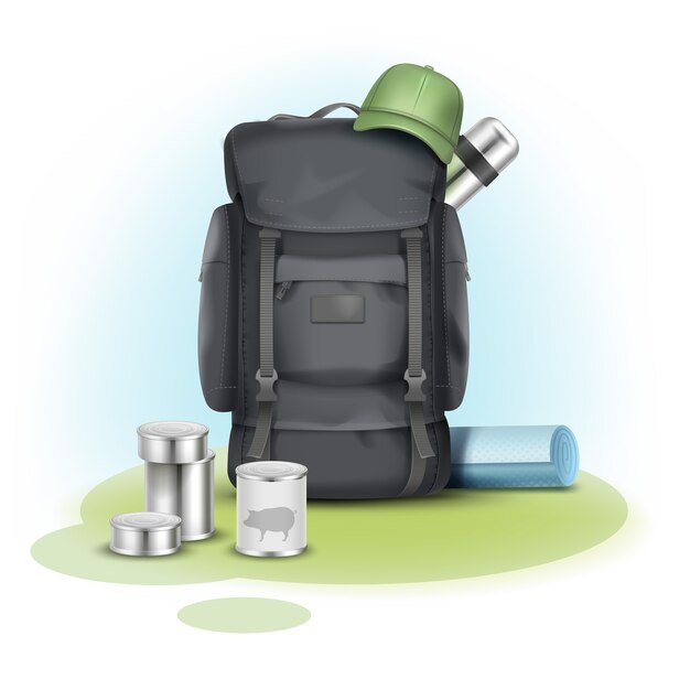 Vector camping stuff big gray backpack, green cap, blue mat, thermos and canned goods on background