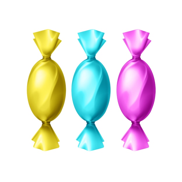 Бесплатное векторное изображение Векторные конфеты в пустой красочный желтый, голубой, пурпурный вид сверху обертка фольги, изолированные на белом фоне
