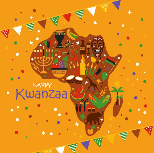 お祝いのベクトルカードハッピークワンザ。アフリカの地図の黄色の背景に休日のアフリカ系アメリカ人のシンボル。