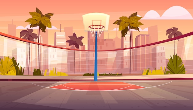 Vettore gratuito vector la priorità bassa del fumetto del campo da pallacanestro in città tropicale