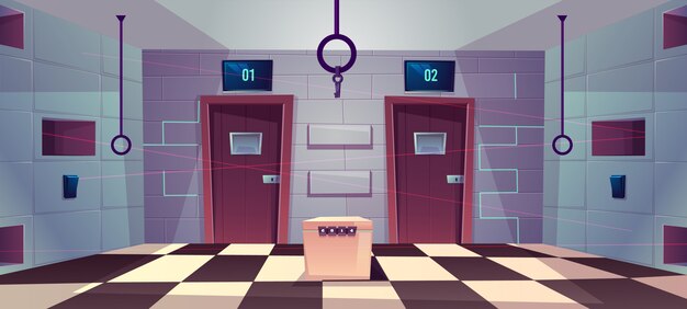 Vector cartoon background of quest room with closed doors