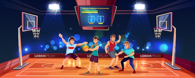 Vector cartoon background with sports people playing team game on basketball arena. Indoor playgroun