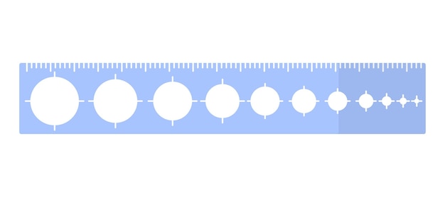 Vector cartoon blue rectangular ruler with circles of different diameters.