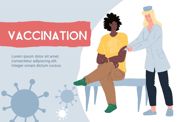 ベクトル漫画フラットドクターは患者のキャラクターにワクチンを接種します-コロナウイルスcovid感染症の予防、診断、治療と治療の医療概念、ウェブサイトのバナー広告デザイン