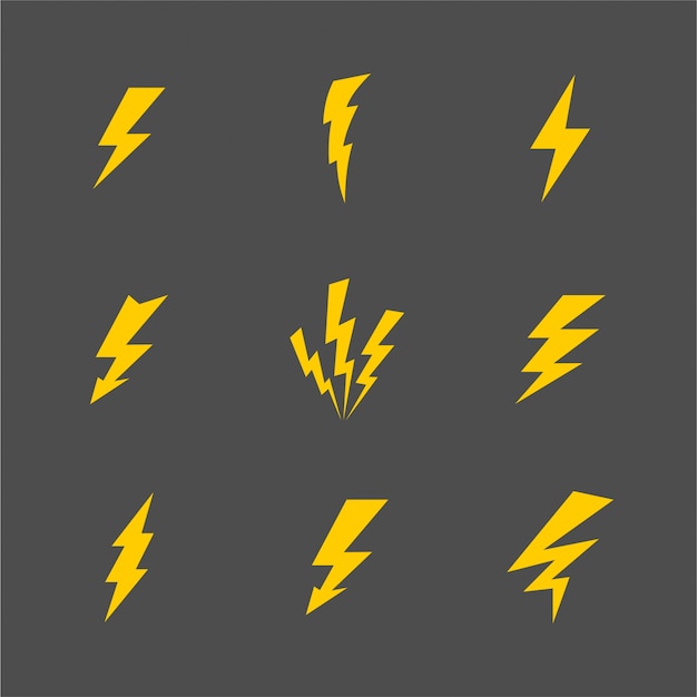 Vector cartoon gray lightnings and thunder set flat design isolated