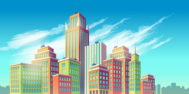 Vector cartoon illustration, banner, urban background with modern big city buildings