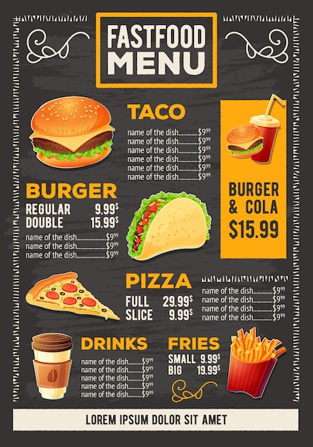 Vector cartoon illustration of a design fast food restaurant menu