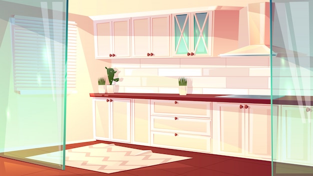 Vector cartoon illustration of empty bright kitchen in white color. spacious cooking room with exhau