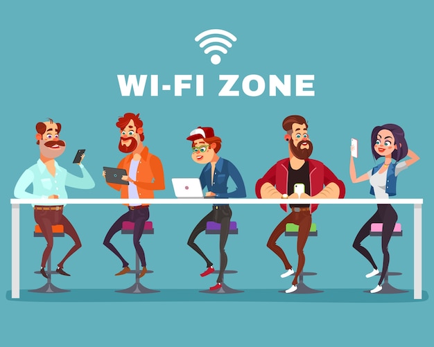 Free vector vector cartoon illustration of a men and a woman in the wi-fi zone