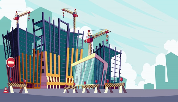 Vector cartoon illustration of the process of the construction of buildings