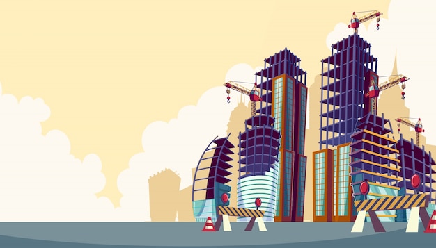 Free vector vector cartoon illustration of the process of the construction of buildings