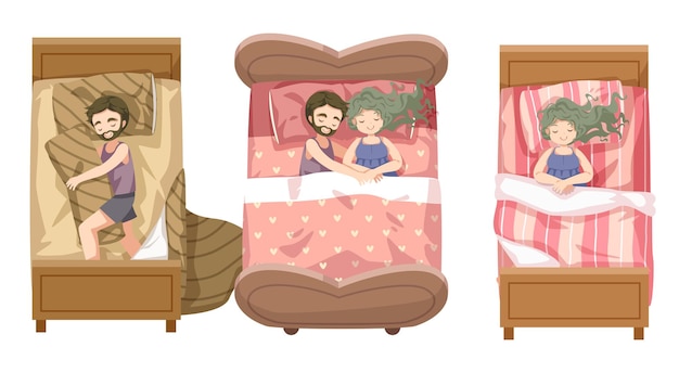 Vector cartoon illustration sleeping concept. adequate sleep is the best rest. husband and wife sleep sweet dreams in bed in his home.