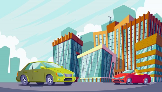 大きなモダンな建物と車のある都市景観のベクトル漫画のイラスト。