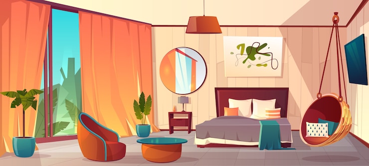 Free Vector vector cartoon interior of cozy hotel bedroom with furniture - double bed, carpet and fireplace. liv