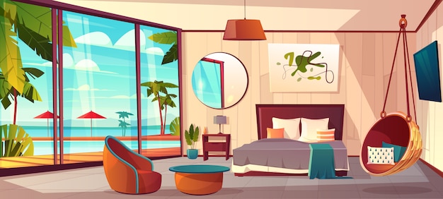 Vector cartoon interior of cozy hotel bedroom with furniture