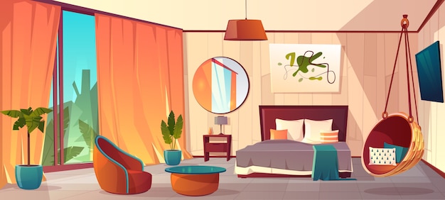 家具 - ダブルベッド、カーペット、暖炉のある居心地の良いホテルの寝室のベクトル漫画インテリア。リヴ