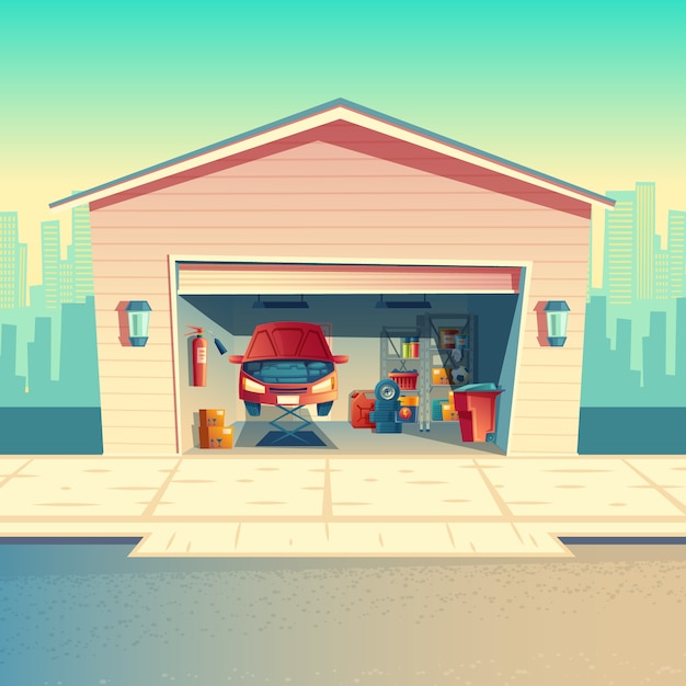 Векторные мультфильм механик мастерской с автомобилем. Ремонт или крепление автомобиля в гараже. Подсобное помещение с мехом