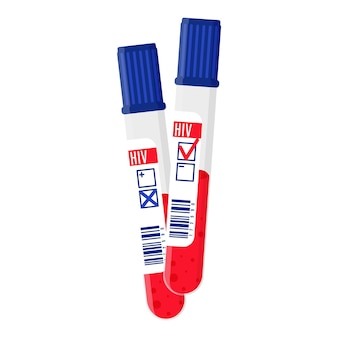 Vector cartoon positive and negative test tubes with blood testing for hiv. aids and hiv prevention.