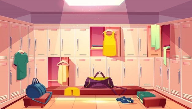 Free vector vector cartoon school gym with wardrobe, changing room with open lockers and clothings for football