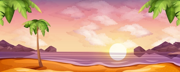 Vector cartoon sea with sunset or sunrise on beach. landscape\
of ocean with sand coastline, palm trees and mountains on horizon.\
nature landscape background with clouds in sky and rising sun.