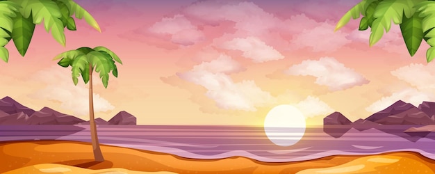 Vector cartoon sea with sunset or sunrise on beach. Landscape of ocean with sand coastline, palm trees and mountains on horizon. Nature landscape background with clouds in sky and rising sun.
