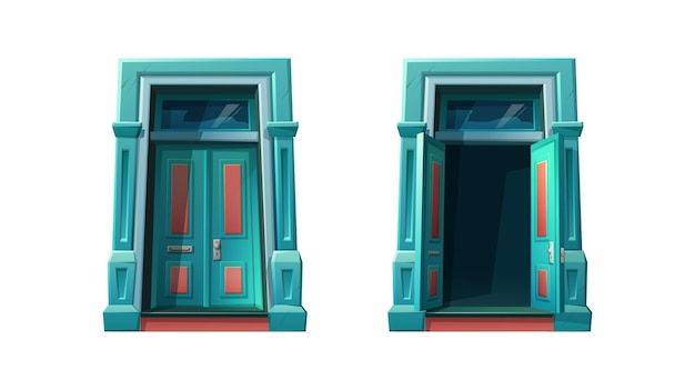 Vettore gratuito illustrazione dell'icona in stile cartone animato vettoriale casa di ingresso della porta del palazzo aperta e chiusa