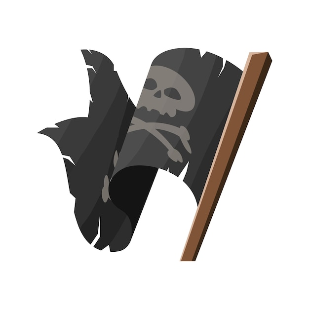 Illustrazione dell'icona in stile cartone animato vettoriale bandiera dello scheletro nero pirata isolata su sfondo bianco