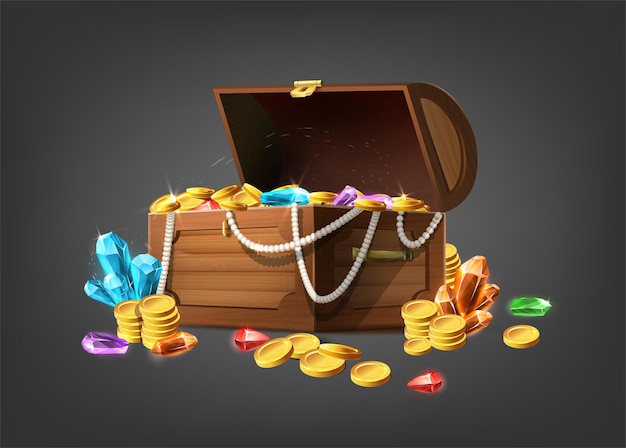 Free vector vector cartoon style icon illustration wooden treasure chest with jewelery jems and gold