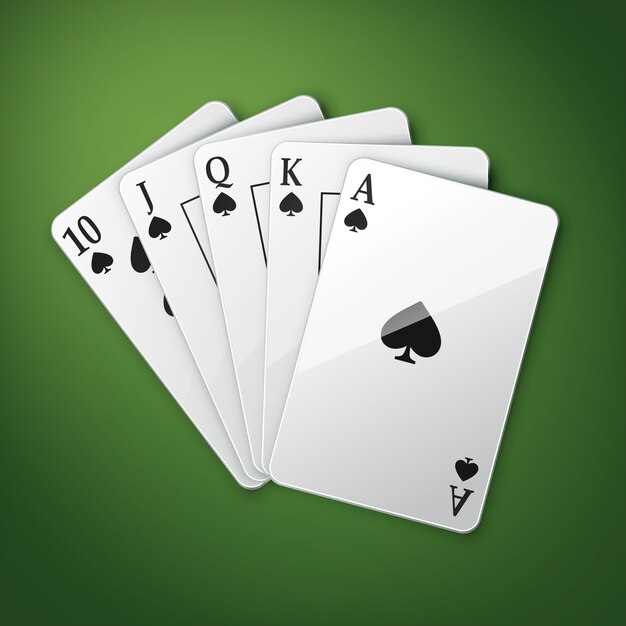 緑のポーカーテーブルで隔離のベクトルカジノトランプまたはロイヤルストレートフラッシュ上面図