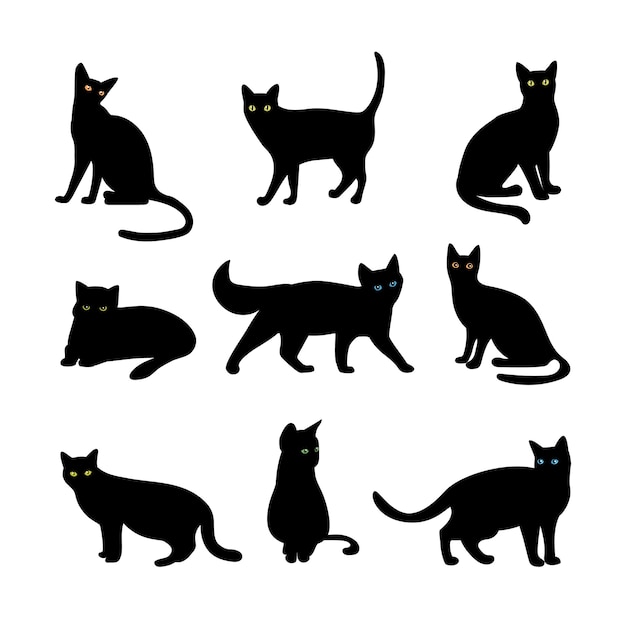 Free vector vector cats set. animal pet, wildcat and kitten, hunter and predator, black silhouette illustration