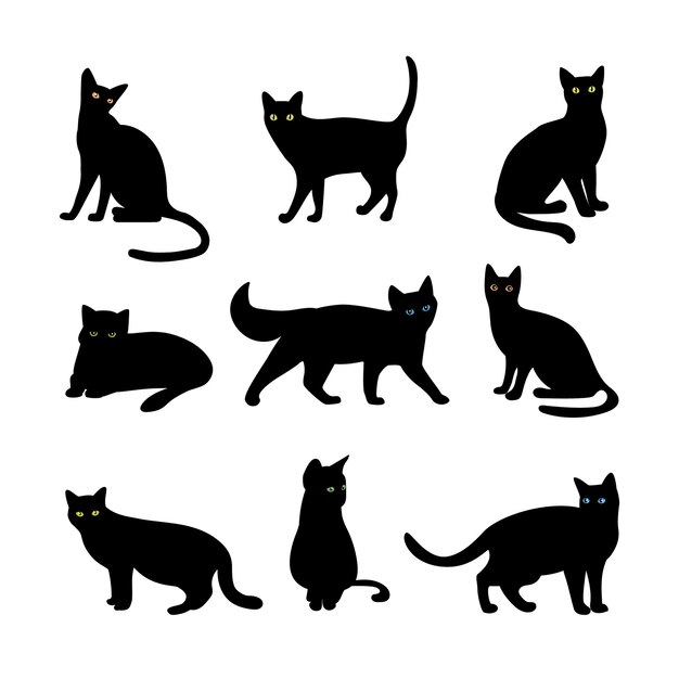 Vector cats set. Animal pet, wildcat and kitten, hunter and predator, black silhouette illustration