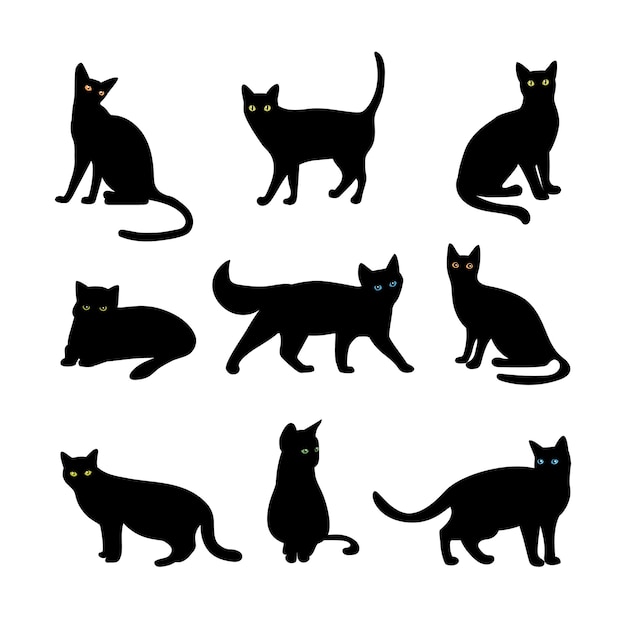Vector cats set. Animal pet, wildcat and kitten, hunter and predator, black silhouette illustration