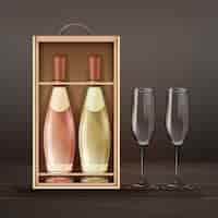 Free vector vector champagne glasses and bottles with wooden case isolated on darck background