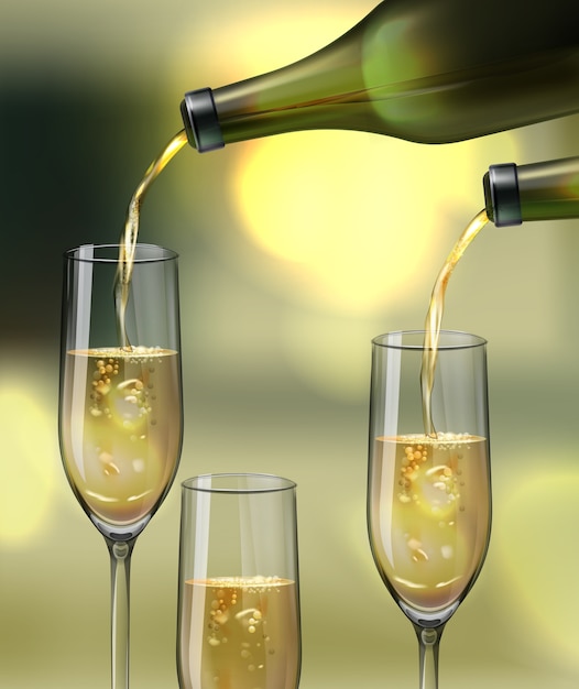 Vettore gratuito bicchieri di champagne vettoriale e versando da bottiglie su sfondo bokeh