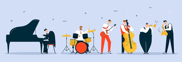 ジャズバンドのベクターキャラクターイラストが音楽を演奏します ミュージシャンは楽器を演奏します ピアノ ドラム ギター コントラバス トランペット サックス プレミアムベクター ジャズバンドのベクターキャラクターイラストが音楽を演奏します ミュージシャンは楽器を演奏します ピアノ ドラム ギター コントラバス トランペット サックス プレミアムベクター
