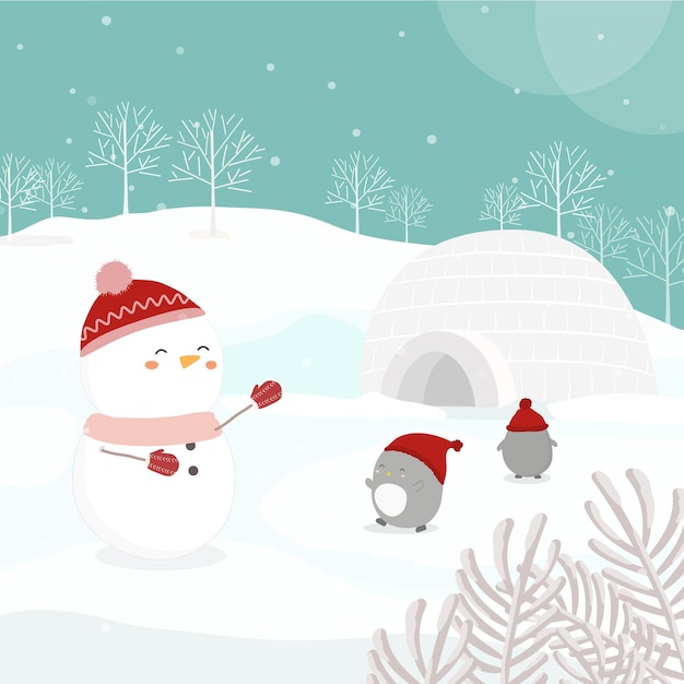 Векторный характер со снеговиком и пингвинами на снегу