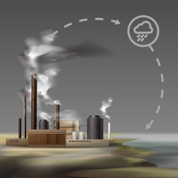 Vector chemical factory with smoke from pipes and overcast weather, air pollution concept