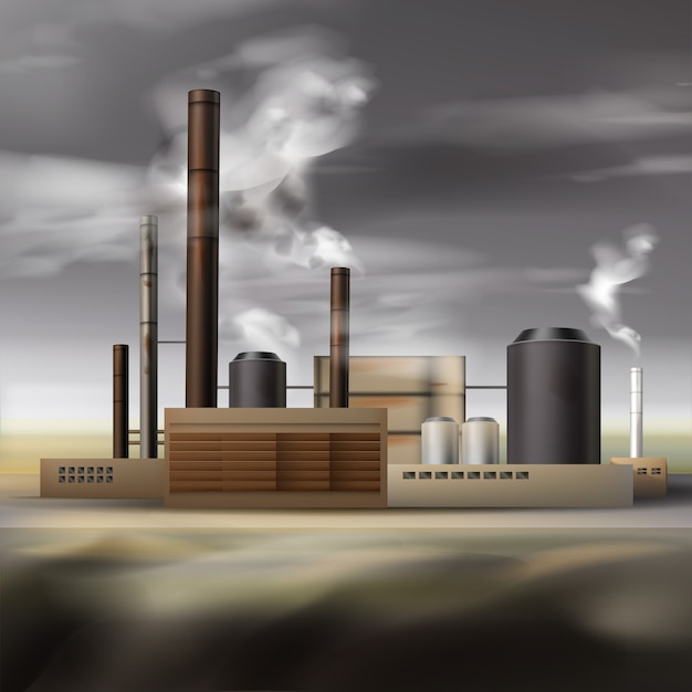 Vector chemical factory with smoke from pipes and overcast weather, air pollution concept