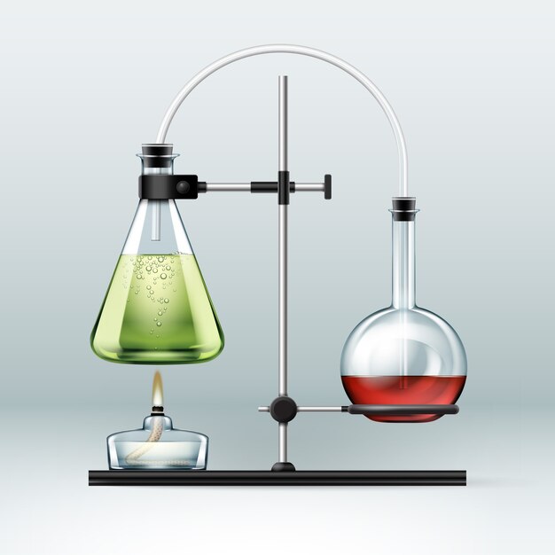 Vector chemical laboratory stand with glass flasks full of green red liquid and alcohol burner isolated on background