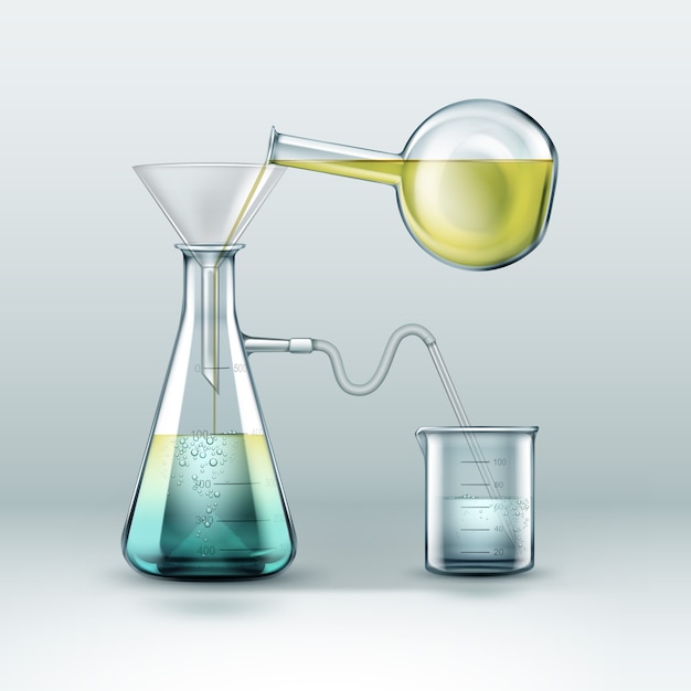벡터 화학 반응 연구는 노란색 파란색 액체, 깔때기 및 배경에 고립 된 비커로 가득 찬 유리 플라스크를 사용하여 수행됩니다.