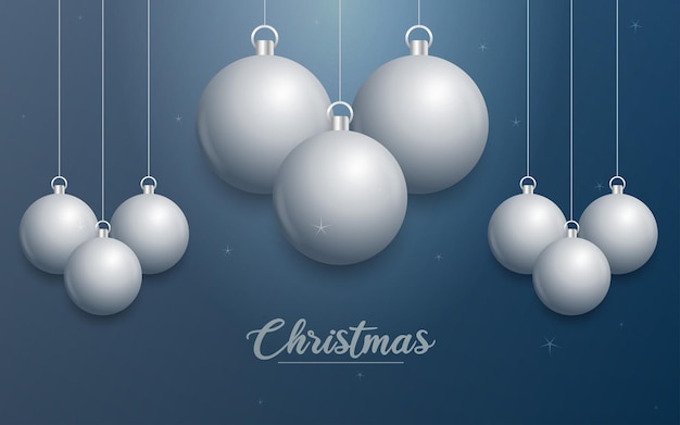 Vector Christmas banner with decorations Merry Christmas text silver ornaments on blue background Vector illustration