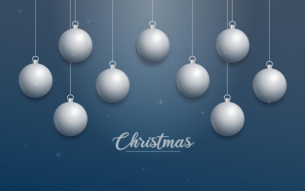 Vector Christmas banner with decorations Merry Christmas text silver ornaments on blue background Vector illustration