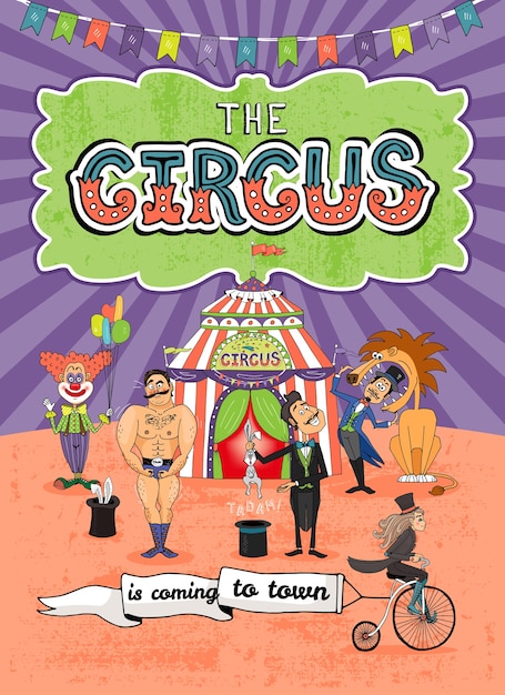Vector circus poster design with various performers in front of the Big Top