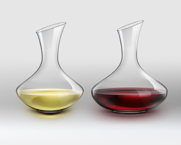 Decanter di vetro classico di vettore con vino rosso e decanter con vino bianco, su sfondo grigio sfumato